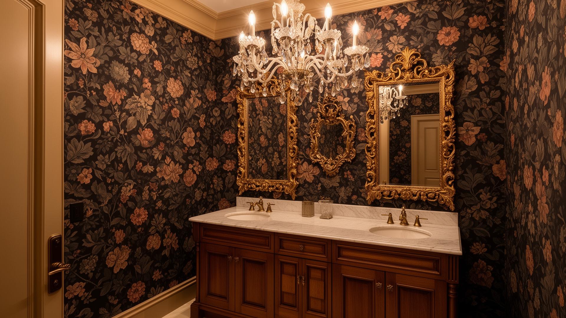 Luxury powder room with bold floral wallpaper